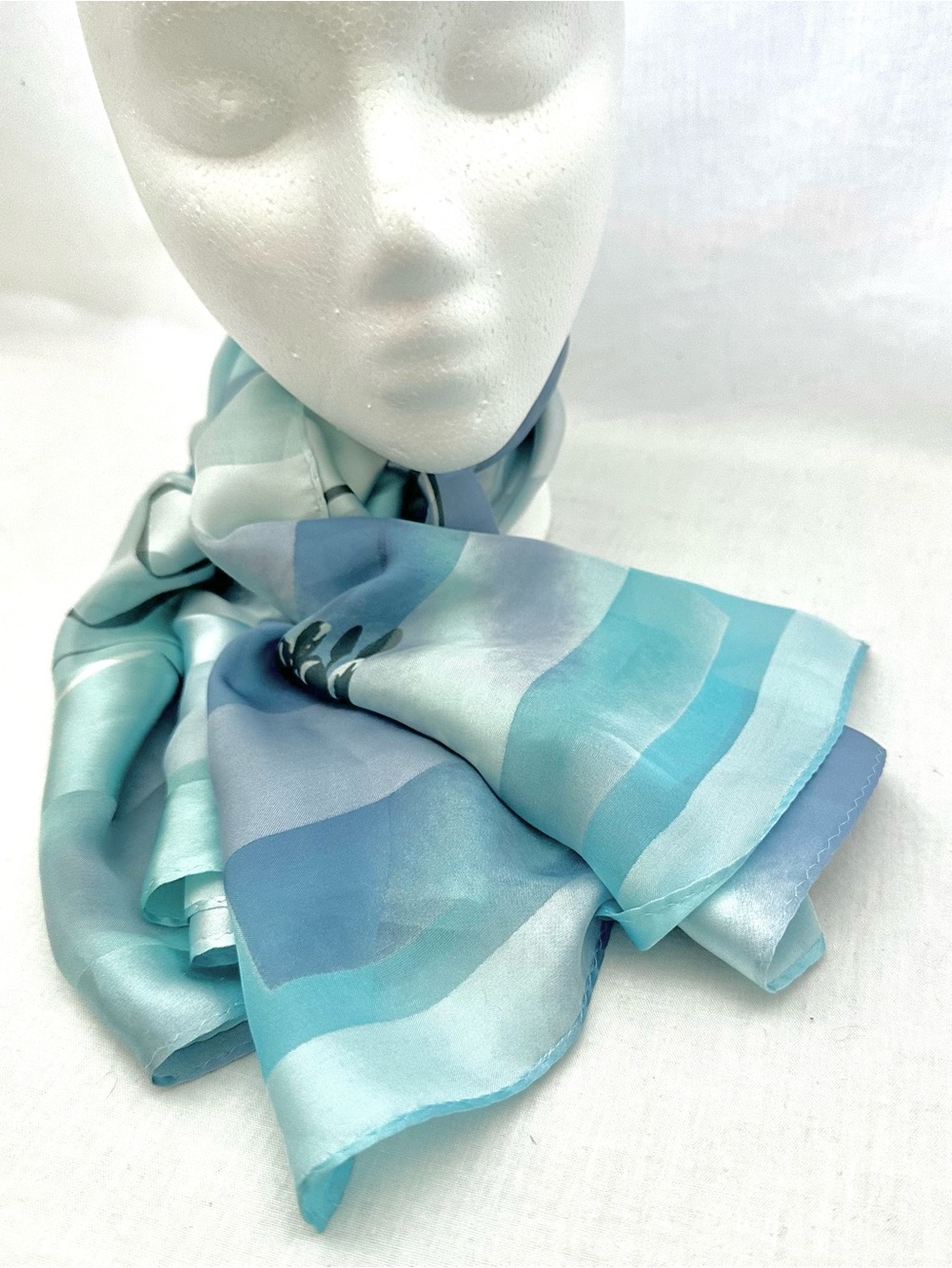 Guy Laroche Vintage Silk Scarf in Light Aqua & Blue 34”x34”